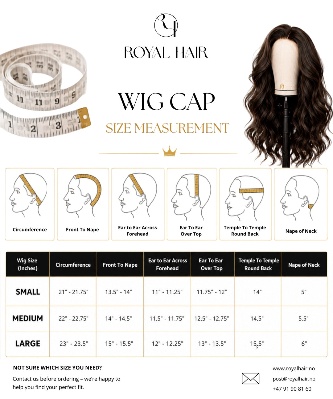 Royal Hair wig cap size measurement chart in inches