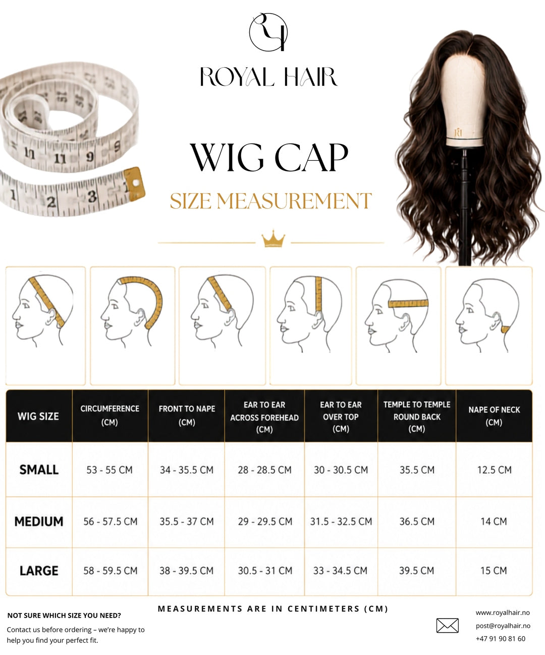 Royal Hair wig cap size measurement chart in centimetres