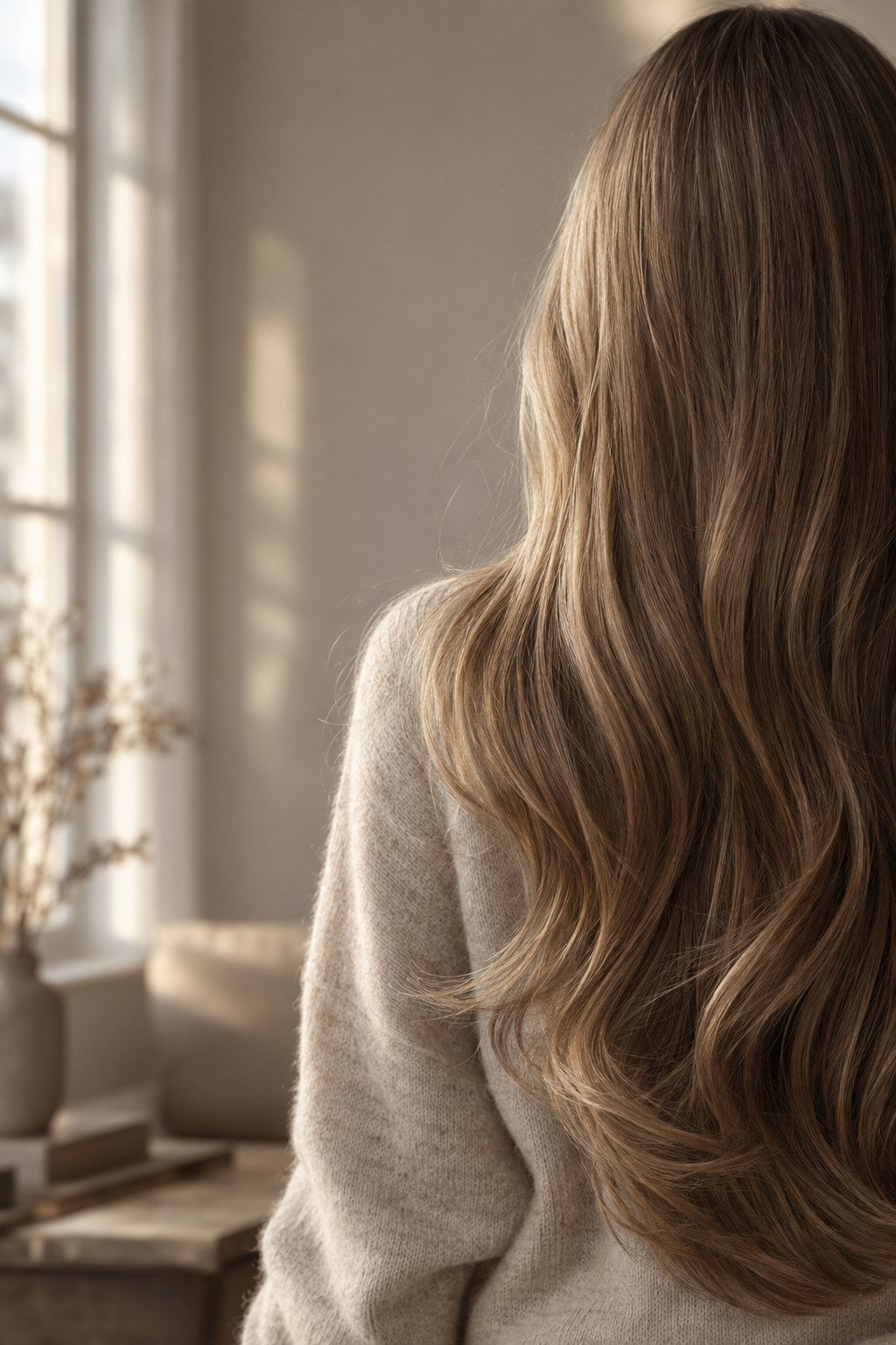 Long natural light-brown hair in warm Nordic window light